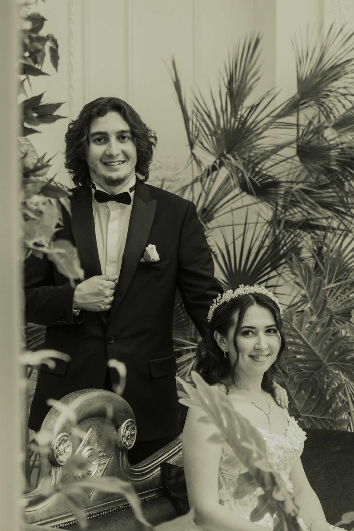 Black-and-white wedding photo before restoration